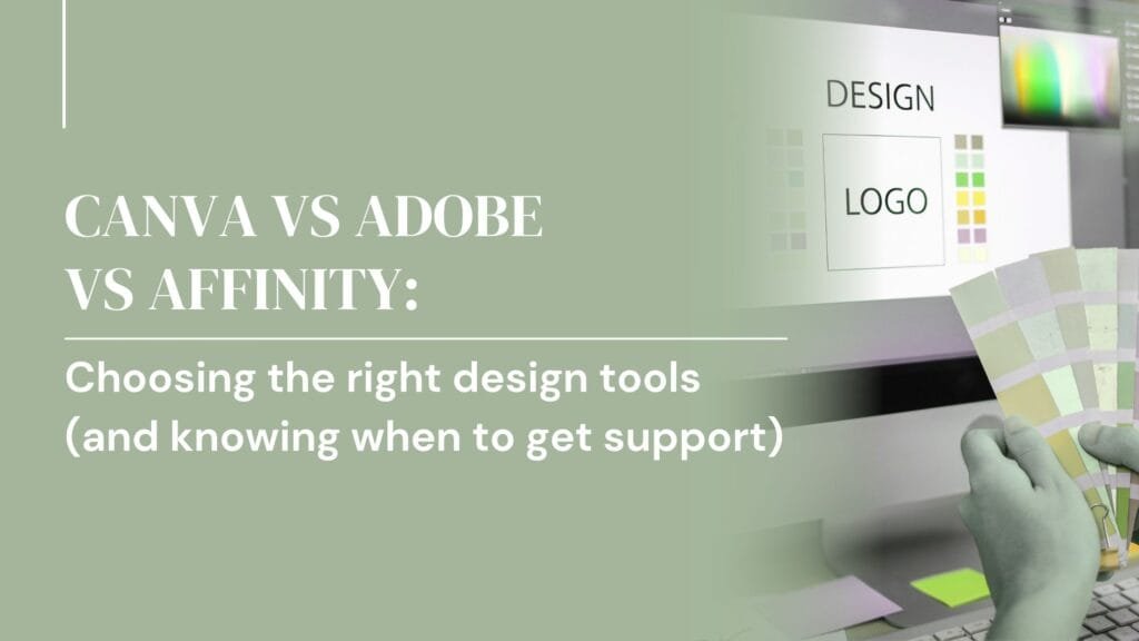 Canva vs Adobe vs Affinity on a green background